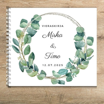 Vieraskirja häihin hempeä eukalyptus ja pyöreä hopeinen kehys Decopaja