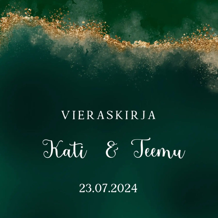 Vieraskirja häihin kultaa glitteriä ja vihreää Decopaja