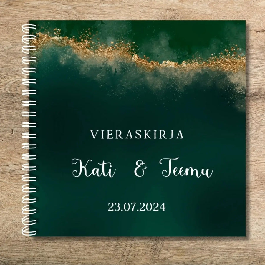 Vieraskirja häihin kultaa glitteriä ja vihreää Decopaja