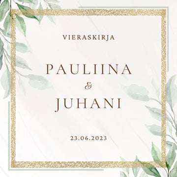 Vieraskirja häihin kultaa ja glitteriä Decopaja kultaisella glitter kehyksellä lehdillä