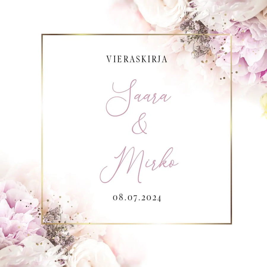 Vieraskirja häihin kultainen kehys ja pinkkejä kukkia Decopaja