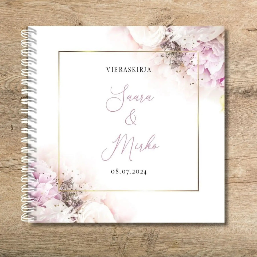 Vieraskirja häihin kultainen kehys ja pinkkejä kukkia Decopaja