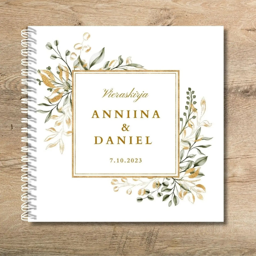Vieraskirja häihin kultainen kehys kultaisia ja vihreitä lehtiä Decopaja