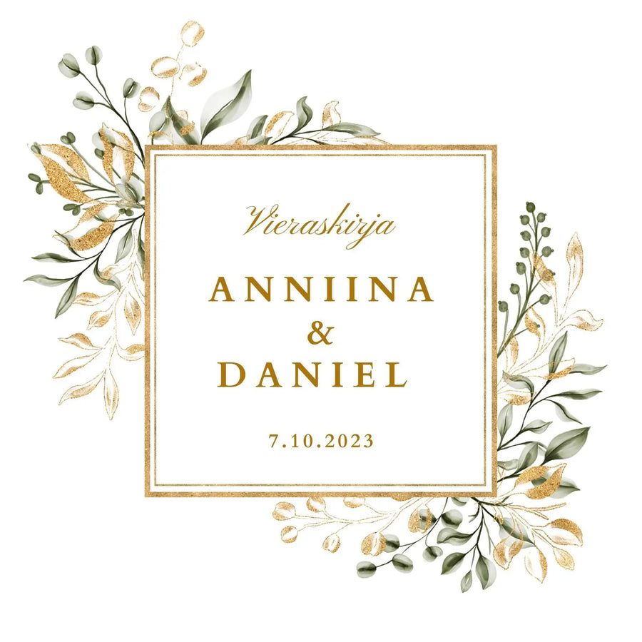Vieraskirja häihin kultainen kehys kultaisia ja vihreitä lehtiä Decopaja