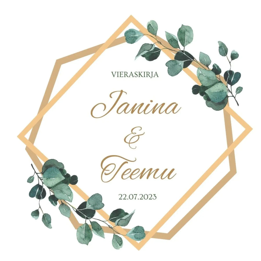 Vieraskirja häihin kultaiset kehykset ja eukalyptus lehtiä Decopaja