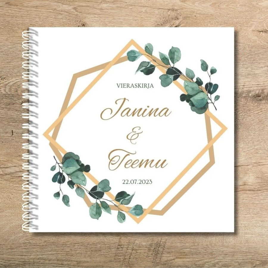 Vieraskirja häihin kultaiset kehykset ja eukalyptus lehtiä Decopaja