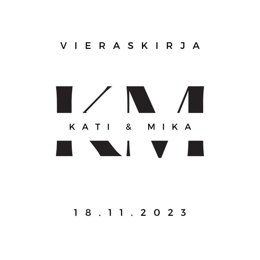 Vieraskirja häihin minimalistinen nimikirjaimet Decopaja mustavalkoinen nimikirjaimilla ja nimillä