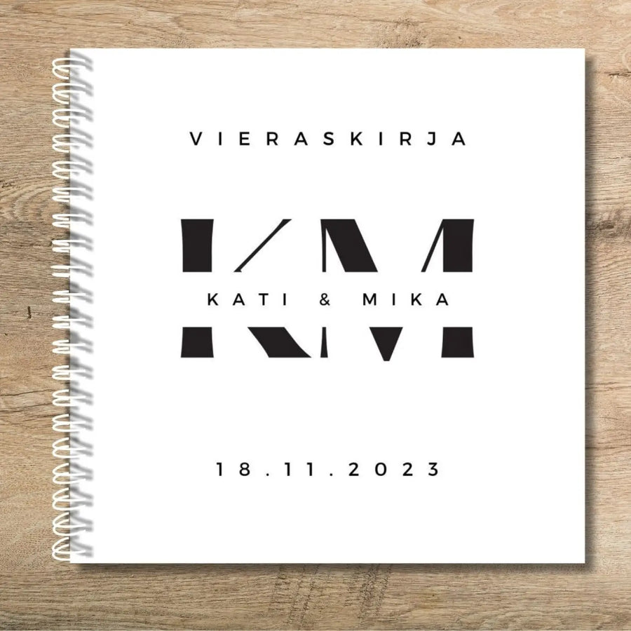 Vieraskirja häihin minimalistinen nimikirjaimet Decopaja mustavalkoinen nimikirjaimilla ja nimillä