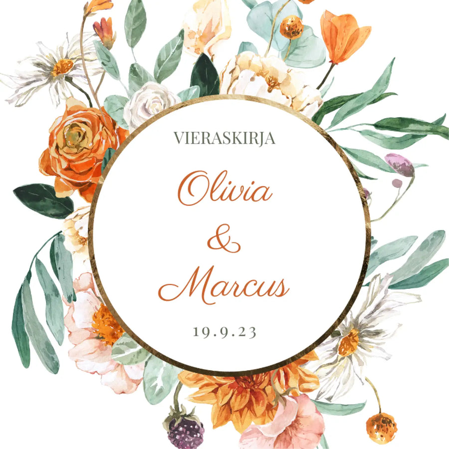 Vieraskirja häihin oransseja ja valkoisia kukkia Decopaja