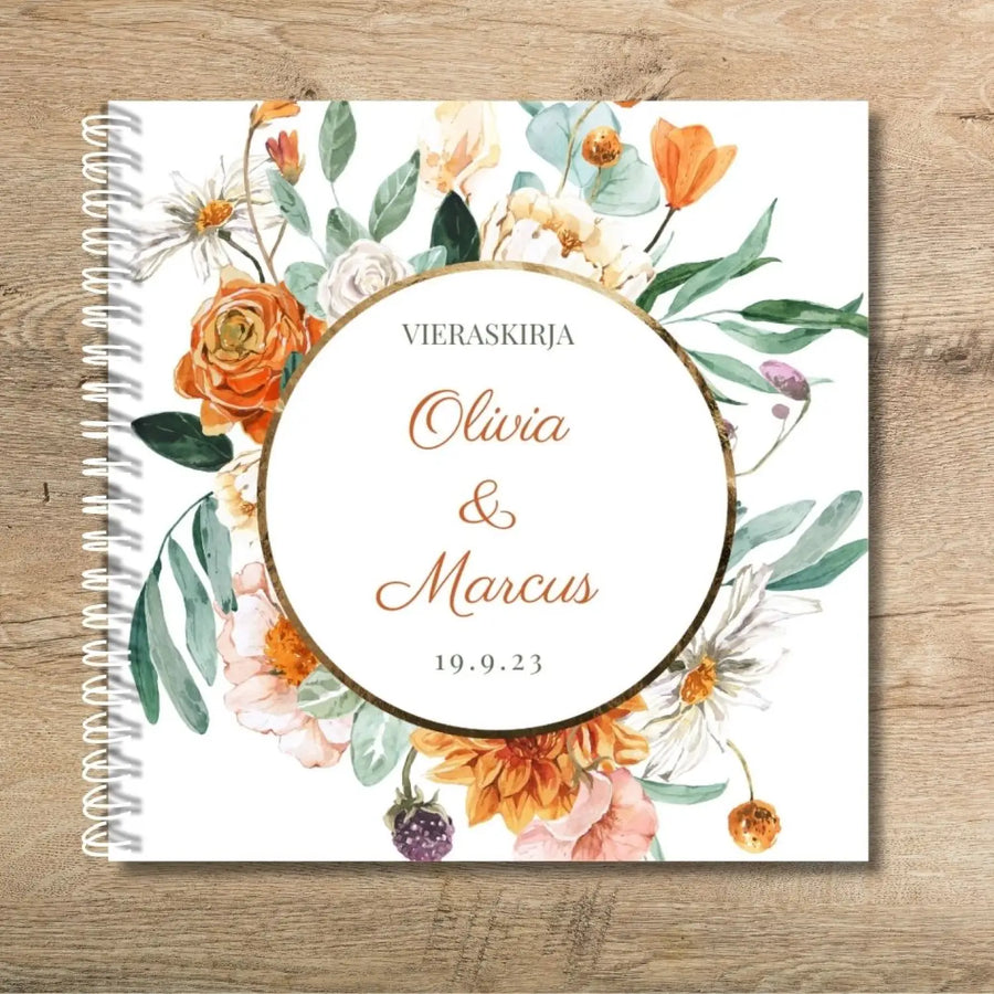 Vieraskirja häihin oransseja ja valkoisia kukkia Decopaja