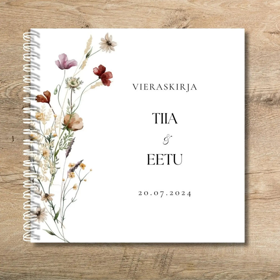 Vieraskirja häihin pieniä niittykukkia Decopaja Personoitava kukallinen vieraskirja hempeät niittykukat