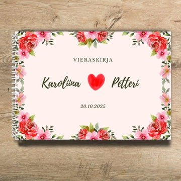Vieraskirja häihin punaisia kukkia ja iso sydän Decopaja