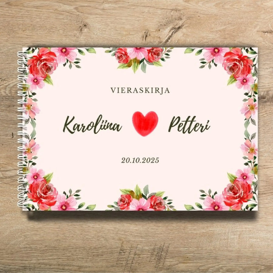 Vieraskirja häihin punaisia kukkia ja iso sydän Decopaja