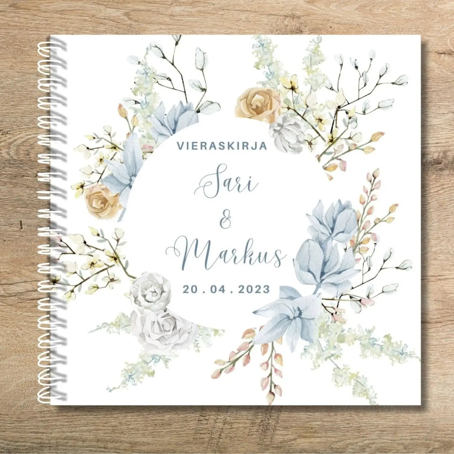 Vieraskirja häihin sinisiä ja vaaleita kukkia Decopaja hempeä