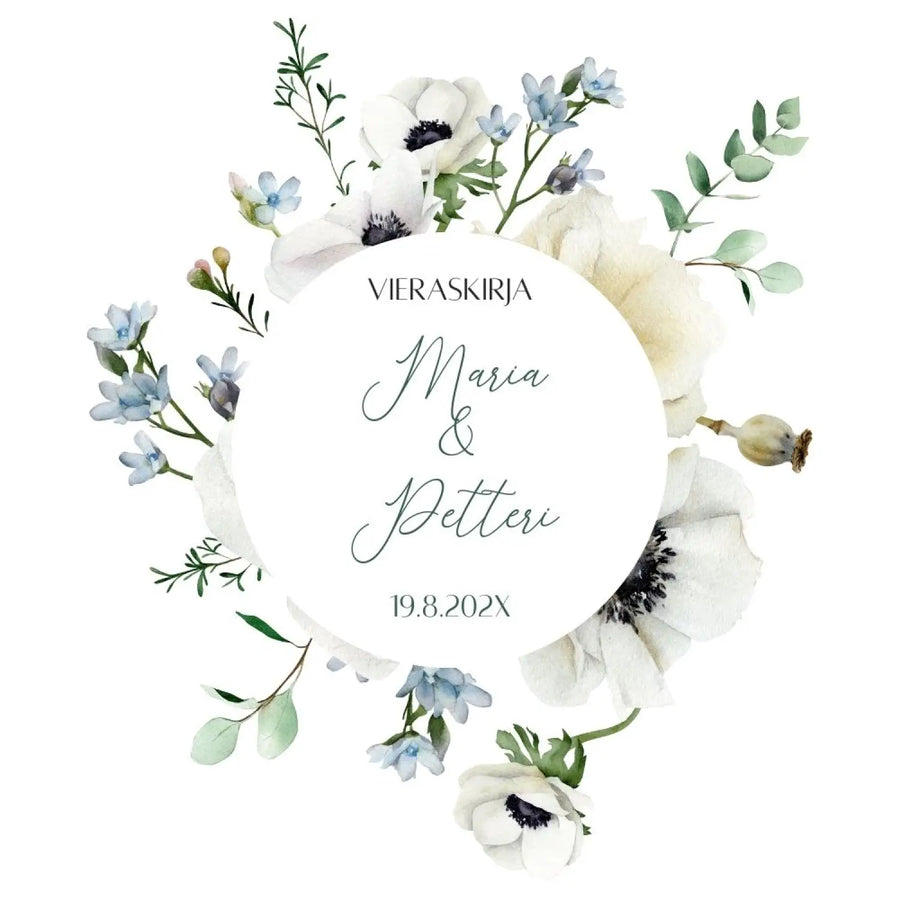 Vieraskirja häihin vaalea tausta ja kukkakehys Decopaja kukkakehys.