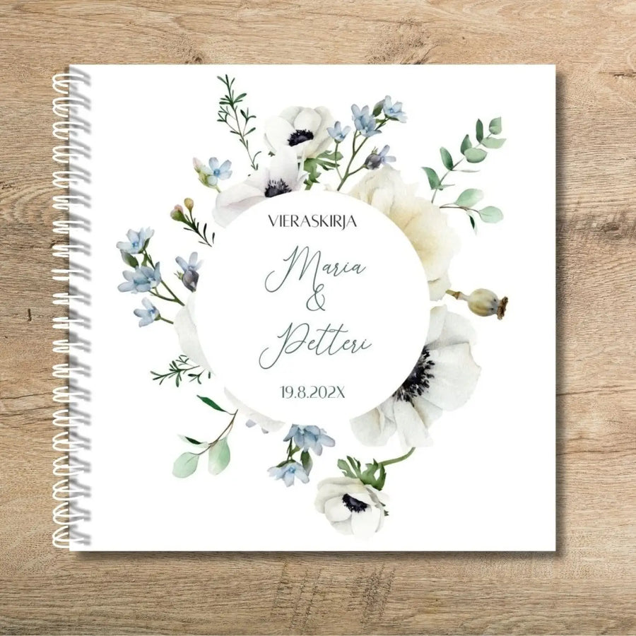 Vieraskirja häihin vaalea tausta ja kukkakehys Decopaja kukkakehys.