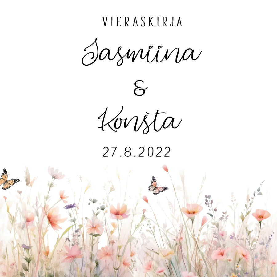Vieraskirja häihin vaaleanpunainen niitykukkka Decopaja kukkakehys