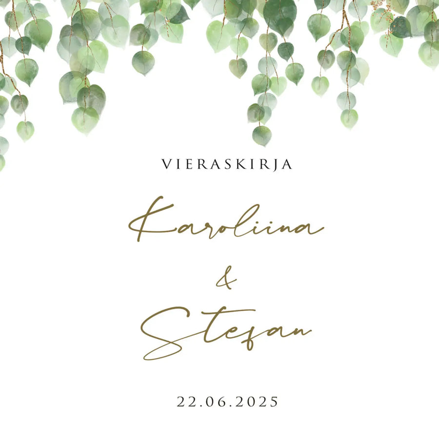 Vieraskirja häihin valkoinen tausta kulta ja eukalyptusreuna Decopaja eukalyptus reuna