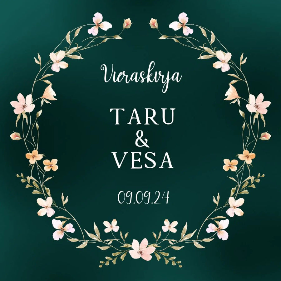 Vieraskirja häihin VIHREÄ TAUSTA JA KAUNIS KUKKAKEHYS Decopaja