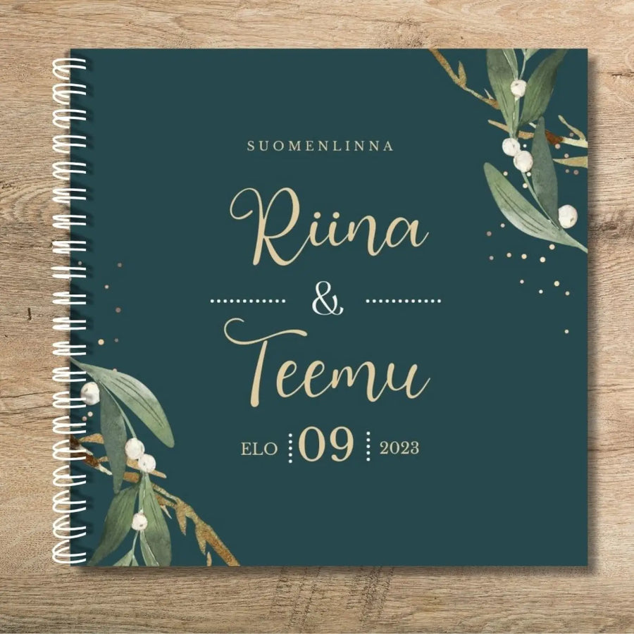 Vieraskirja häihin vihreä tausta ja valkoiset kukat Decopaja