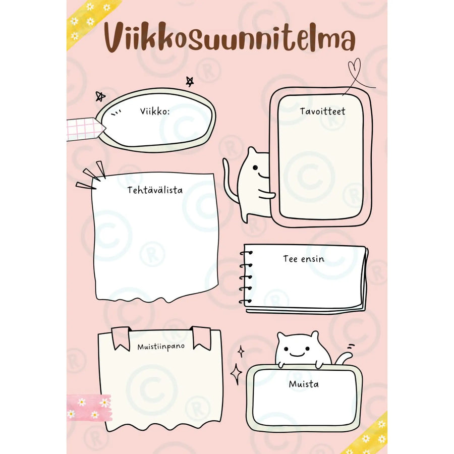 Viikkosuunnitelma planner kissa digitaalinen ilmainen Decopaja
